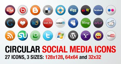 27 Circular Social Media Icons in 3 Sizes